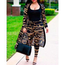 Plus Size Chain Print Open Front Longline Top & Pants Set - black