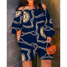 Plus Size Chain Scarf Print Off Shoulder Romper - blue