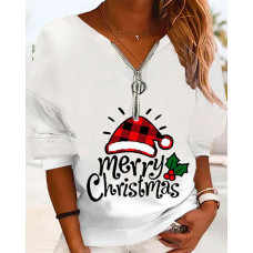 Plus Size Christmas Santa Hat Print Zip Front Casual Top - white