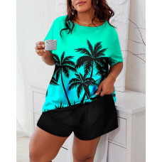 Plus Size Coconut Tree Landscape Print Pajamas Set - green