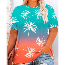 Plus Size Coconut Tree Print Ombre Casual T-shirt - Multicolor