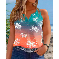 Plus Size Coconut Tree Print Ombre Notch Neck Tank Top - Multicolor