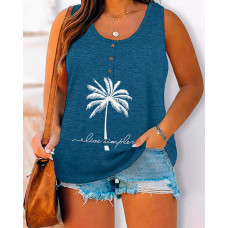 Plus Size Coconut Tree Slogan Print U-Neck Sleeveless Top - blue