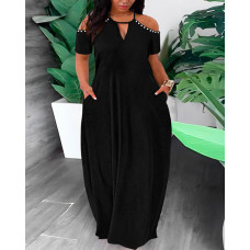 Plus Size Cold Shoulder Pearls Decor Maxi Dress - black