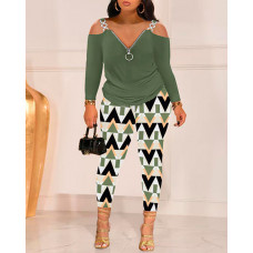 Plus Size Cold Shoulder Top & Geometric Print Pants Set - green