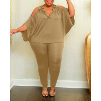 Plus Size Cold Shoulder Top & Pants Set - khaki