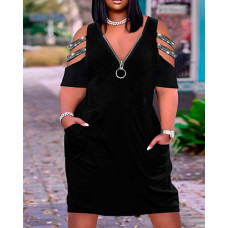 Plus Size Cold Shoulder Zipper Design Casual Dress - black