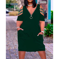 Plus Size Cold Shoulder Zipper Design Casual Dress - green