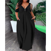 Plus Size Cold Shoulder Zipper Design Maxi Dress - black