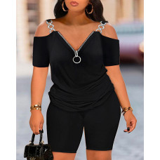 Plus Size Cold Shoulder Zipper Design Top & Shorts Set - black