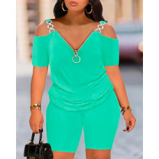 Plus Size Cold Shoulder Zipper Design Top & Shorts Set - green