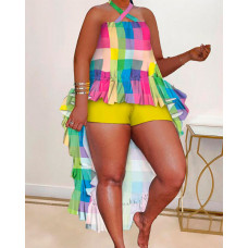 Plus Size Colorblock Asymmetrical Ruffles Top & Shorts Set - Multicolor