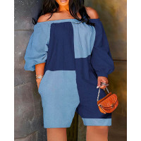 Plus Size Colorblock Off Shoulder Romper - blue