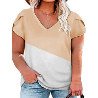 Plus Size Colorblock Petal Sleeve V-Neck T-Shirt - Apricot