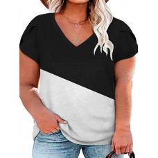 Plus Size Colorblock Petal Sleeve V-Neck T-Shirt - black