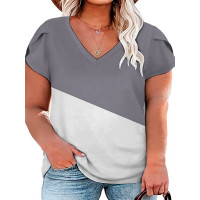 Plus Size Colorblock Petal Sleeve V-Neck T-Shirt - gray