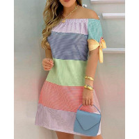 Plus Size Colorblock Striped Print Off Shoulder Casual Dress - green