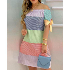 Plus Size Colorblock Striped Print Off Shoulder Casual Dress - green