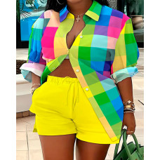 Plus Size Colorful Plaid Print Buttoned Shirt & Shorts Set - Multicolor