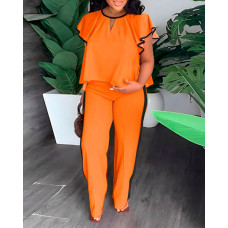 Plus Size Contrast Binding Ruffles Top & Straight Leg Pants Set - orange