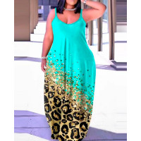 Plus Size Contrast Leopard Print Cami Maxi Dress - turquoise blue