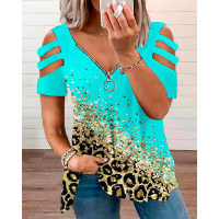 Plus Size Contrast Leopard Print Cutout Zipper Design T-Shirt - blue