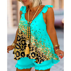 Plus Size Contrast Leopard Print Flutter Sleeve Flowy Tank Top & Raw Hem Shorts Set - blue