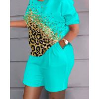 Plus Size Contrast Leopard Print O-Neck Top & Shorts Set - blue