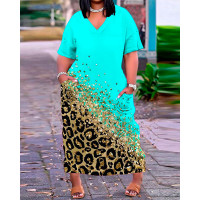 Plus Size Contrast Leopard Print Pocket Design Casual Dress - blue