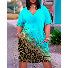 Plus Size Contrast Leopard Print Pocket Design Casual Dress - turquoise blue