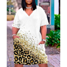 Plus Size Contrast Leopard Print Pocket Design Casual Dress - white