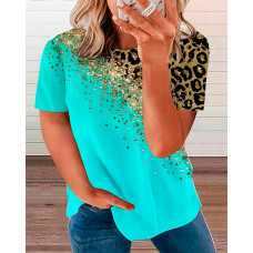 Plus Size Contrast Leopard Print Round Neck T-Shirt - blue