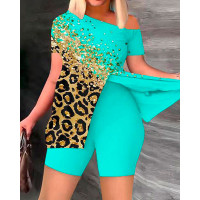 Plus Size Contrast Leopard Print Split Top & Shorts Set - turquoise blue