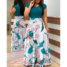 Plus Size Contrast Tropical Print Round Neck Short Sleeve Maxi Dress - turquoise blue