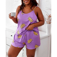 Plus Size Crown Print Spaghetti Strap Cami Set - purple