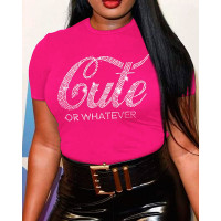 Plus Size Cute Or Whatever Rhinestone Casual T-shirt - rose red
