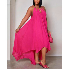 Plus Size Cutout O-Ring Decor Asymmetrical Casual Dress - hot pink