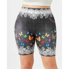 Plus Size Denim Look Butterfly Floral Print Biker Shorts - black