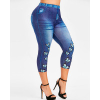 Plus Size Denim Look Butterfly Print Capris Pants - blue