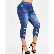 Plus Size Denim Look Butterfly Print Capris Pants - blue