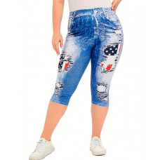 Plus Size Denim Look Flag Print Capris Pants - blue