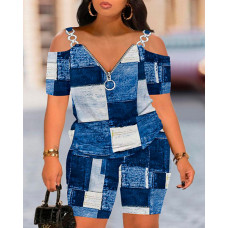 Plus Size Denim Look Print Chain Decor Top & Shorts Set - blue