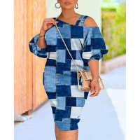 Plus Size Denim Look Print Cold Shoulder Casual Dress - blue