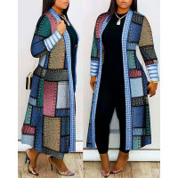 Plus Size Denim Look Print Open Front Longline Coat - Multicolor