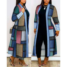 Plus Size Denim Look Print Open Front Longline Coat - Multicolor