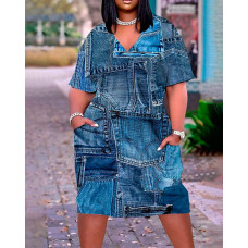 Plus Size Denim Look Print Pocket Design Casual Dress - blue