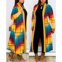 Plus Size Denim Look Print Rainbow Ombre Lace Patch Longline Coat - Multicolor