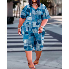 Plus Size Denim Look Print Short Sleeve Jumpsuit - blue