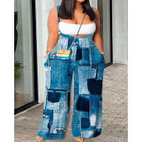 Plus Size Denim Look Print Wide Leg Suspender Jumpsuit - blue