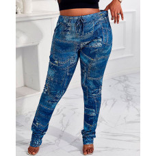 Plus Size Denim Print High Waist Pants - dark blue